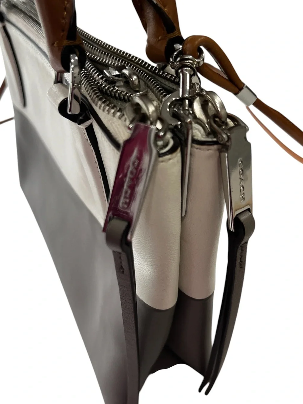 Coach Small Colorblock Leather Crossbody Satchel Gray White Tan Triple Zip Bag